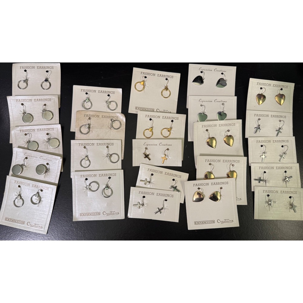 Vintage Expansion Creations Fashion Earring Lot 24 Pairs Hearts Crosses Hoops